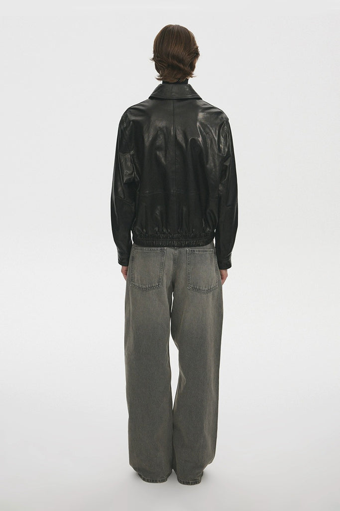 Waxed Lambskin Leather Zip-Up Bomber Jacket  Fibflx