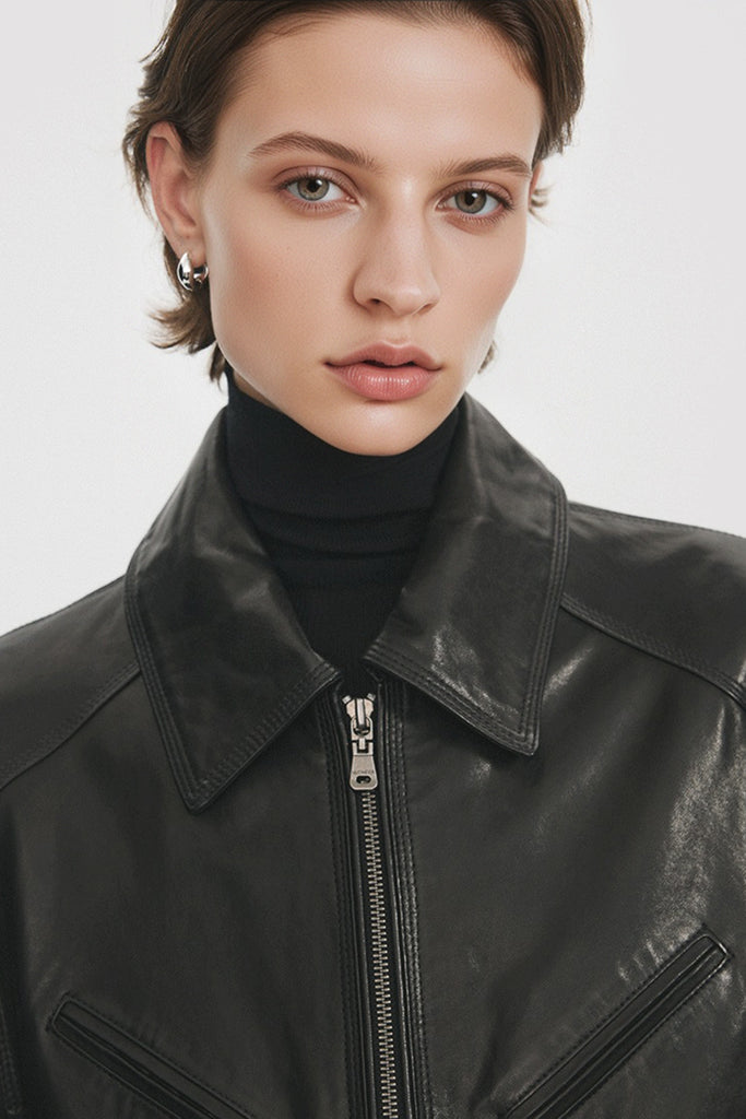Waxed Lambskin Leather Zip-Up Bomber Jacket  Fibflx
