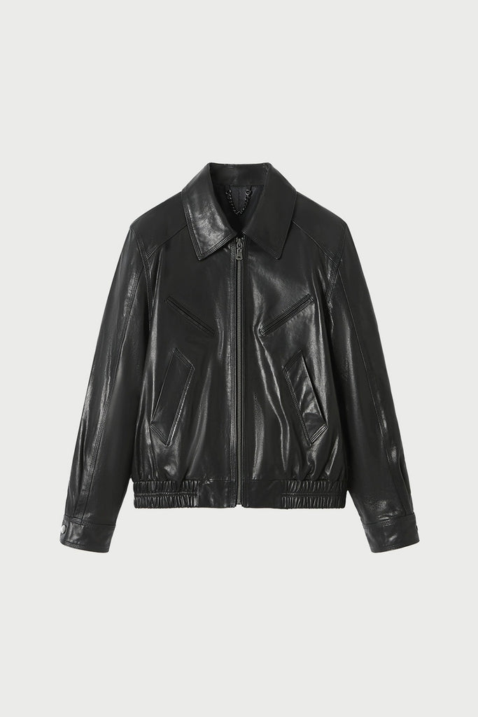 Waxed Lambskin Leather Zip-Up Bomber Jacket  Fibflx