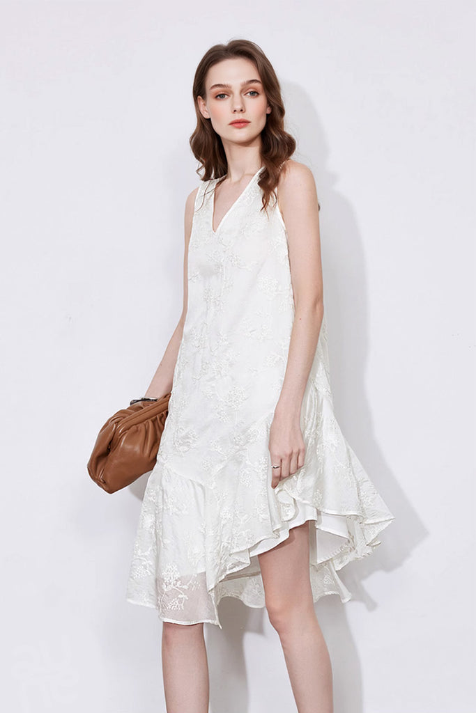 White Asymmetrical Heavy-Embroidery Sleeveless Midi Dress in Lyocell - Fibflx