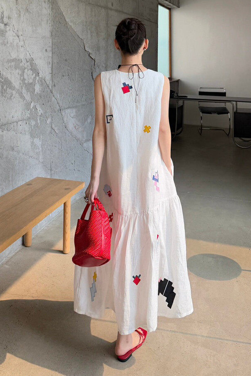 White Cotton-Linen Embroidered Sleeveless Maxi Dress