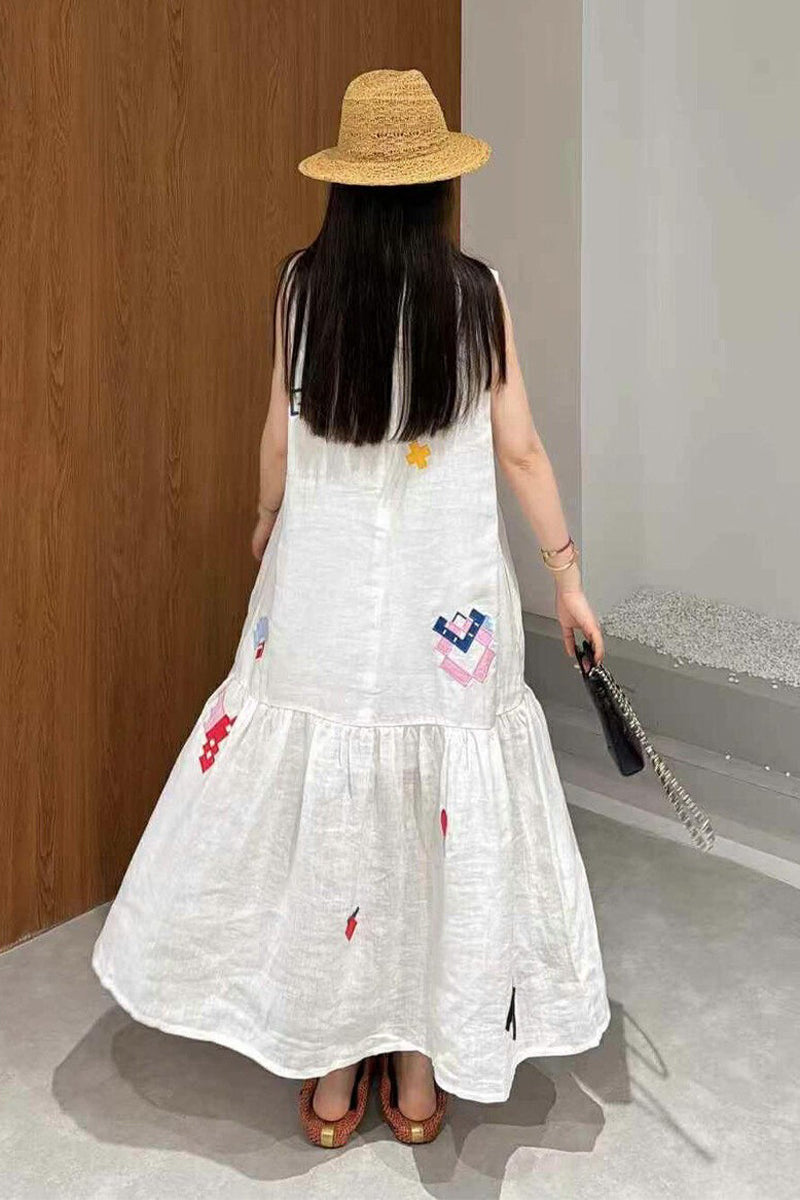 White Cotton-Linen Embroidered Sleeveless Maxi Dress White / S