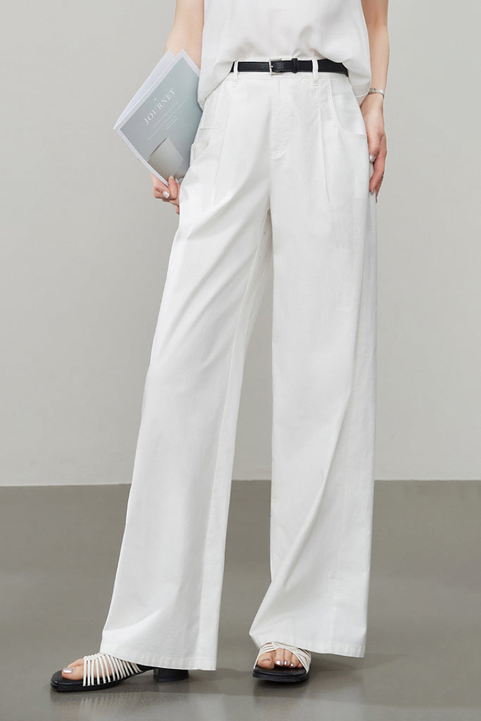 White Cotton Mid-Rise Wide-Leg Pants - Fibflx