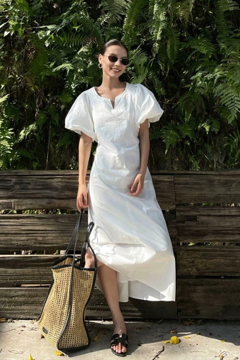 white cotton flowy dress Puff Sleeve A-Line Maxi White / M neckline frames the dcolletage fall floral dress Coat Size:41 XL Dress Up As Favorite