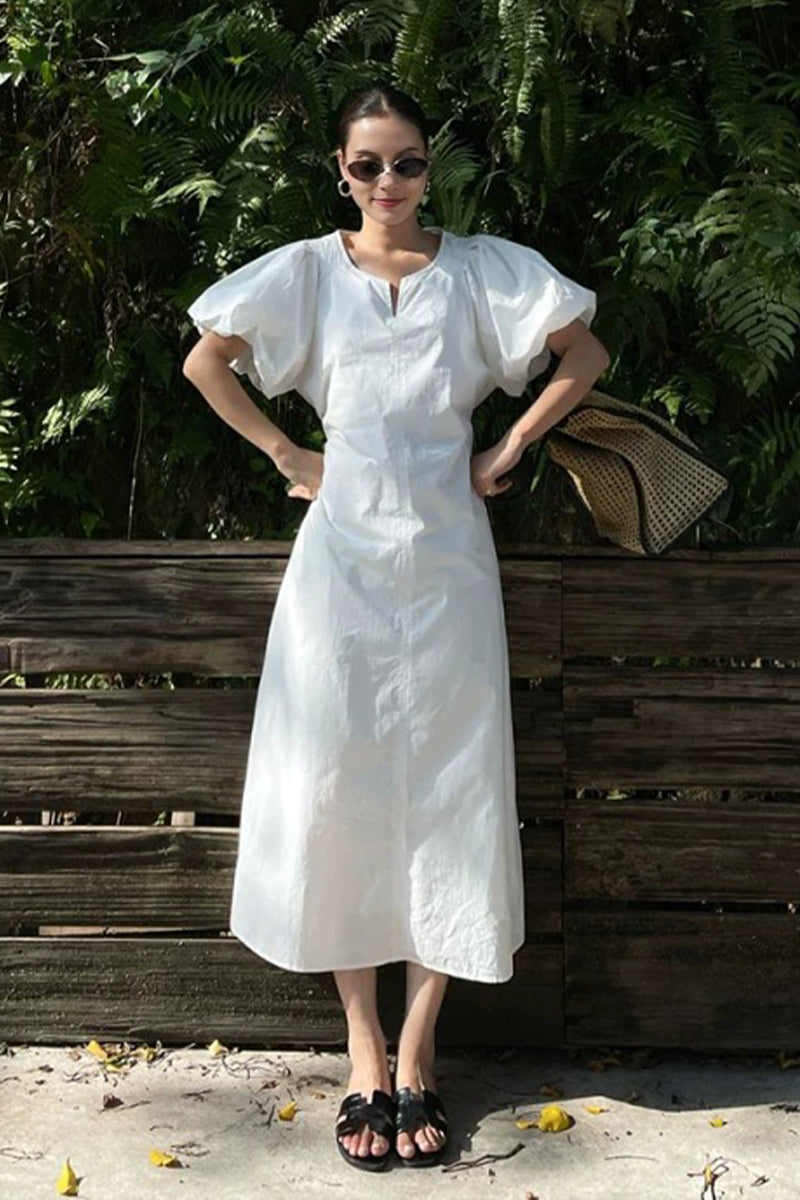 White Cotton Puff Sleeve A-Line Maxi Dress White / XS