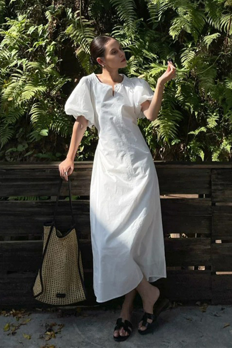 White Cotton Puff Sleeve A-Line Maxi Dress White / XS