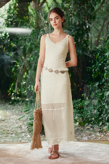 White Crochet V-Neck Sleeveless Midi Dress - Fibflx