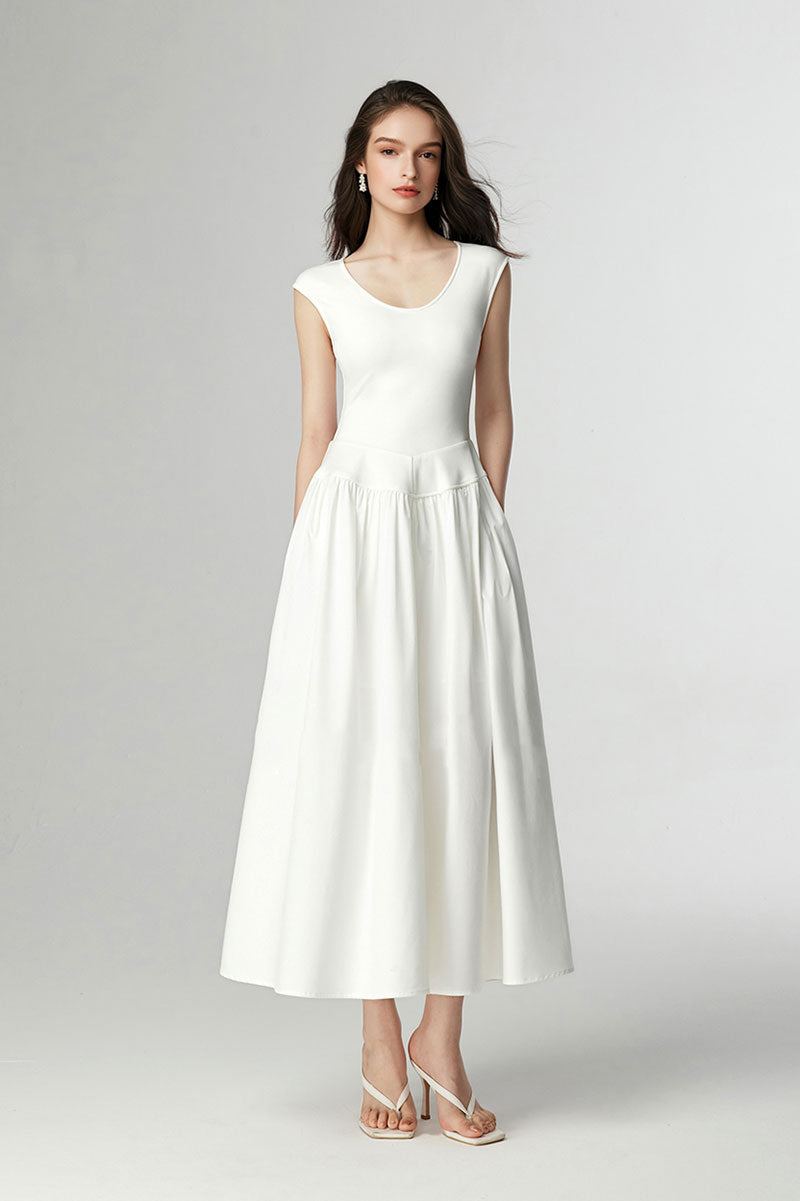 White Fit & Flare Cap-Sleeve Scoop-Neck Midi Dress S / White / 68% Viscose 27% Nylon 5% Spandex