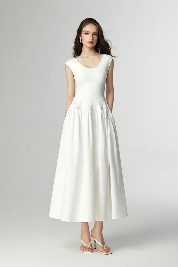 White Fit & Flare Cap-Sleeve Scoop-Neck Midi Dress S / White / 68% Viscose 27% Nylon 5% Spandex