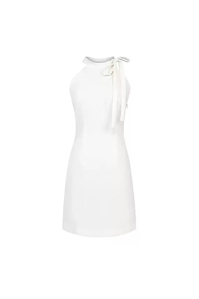 White Halter-Neck Backless Mini Dress With Bow  Fibflx