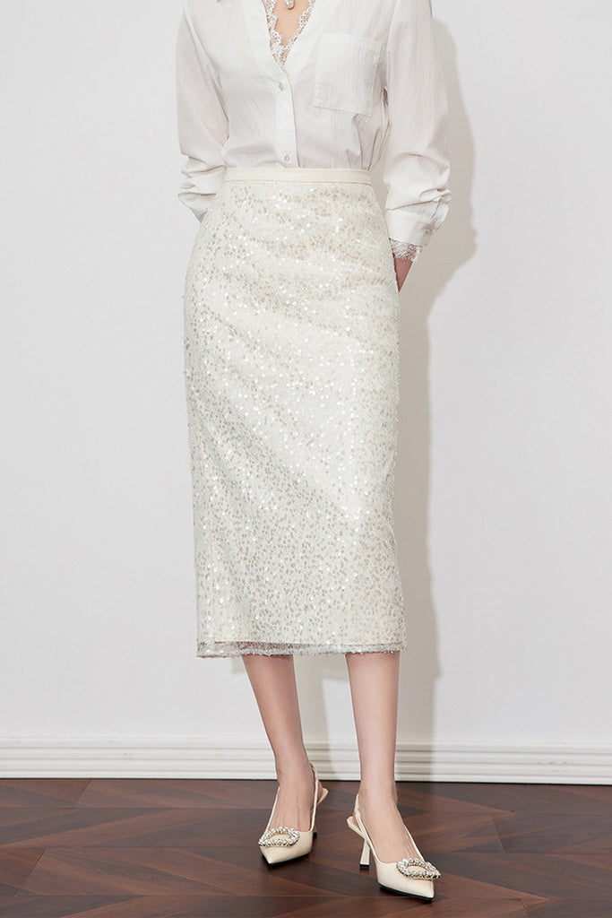 White Lace Sequin Pencil Midi Skirt with Back Slit  Fibflx
