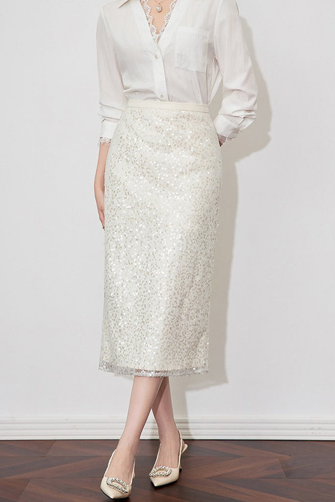 White Lace Sequin Pencil Midi Skirt with Back Slit  Fibflx