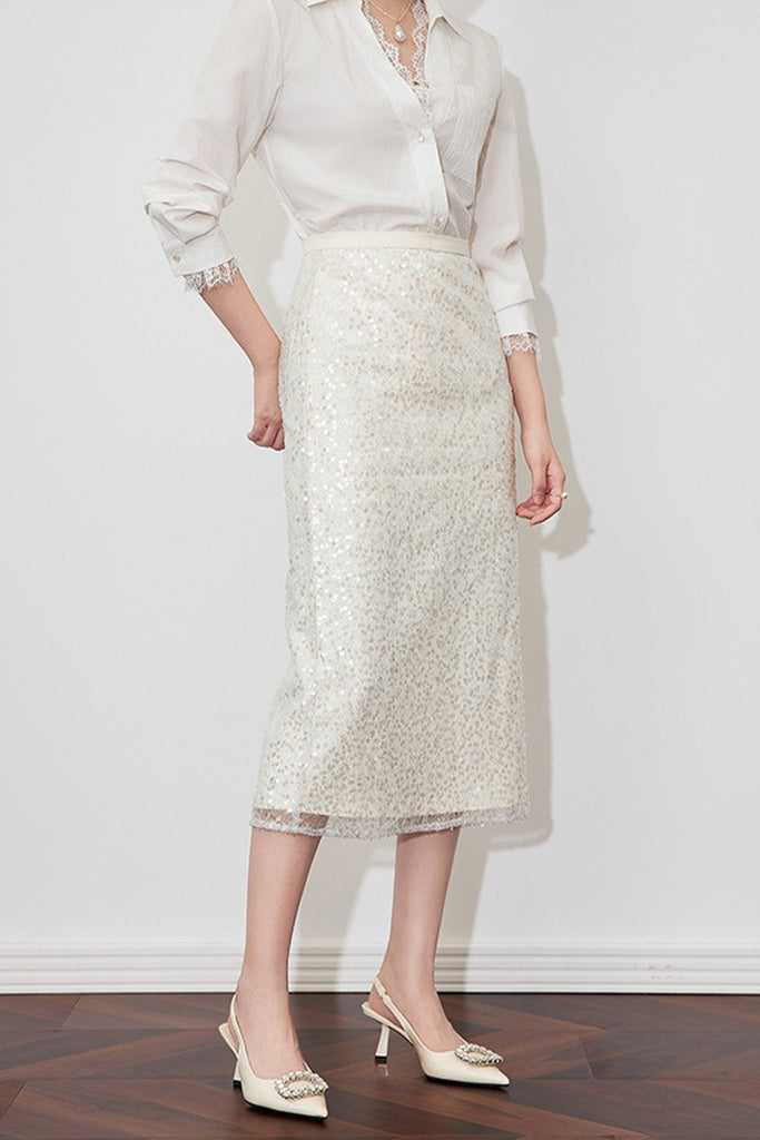 White Lace Sequin Pencil Midi Skirt with Back Slit  Fibflx