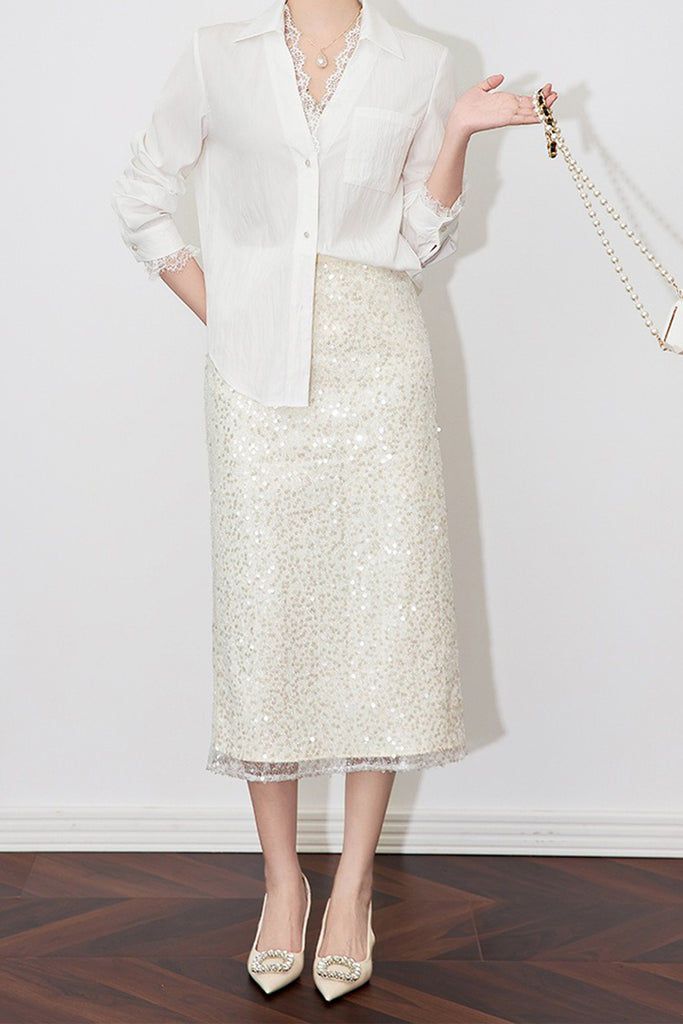 White Lace Sequin Pencil Midi Skirt with Back Slit  Fibflx