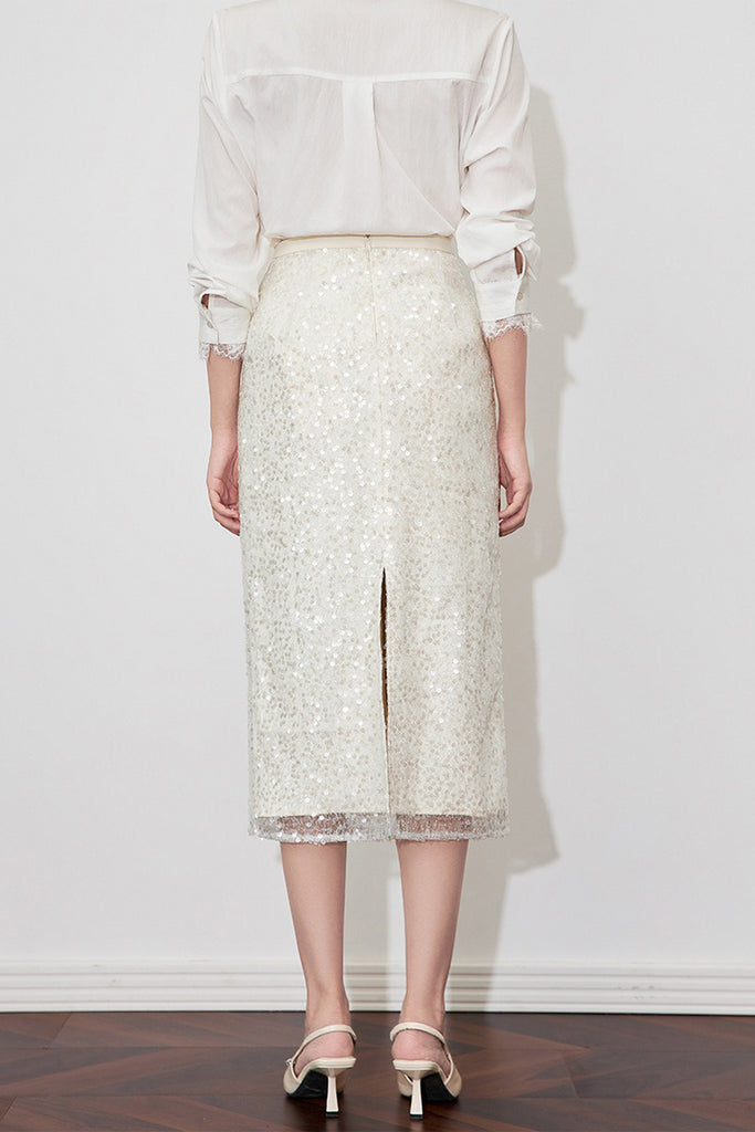 White Lace Sequin Pencil Midi Skirt with Back Slit  Fibflx