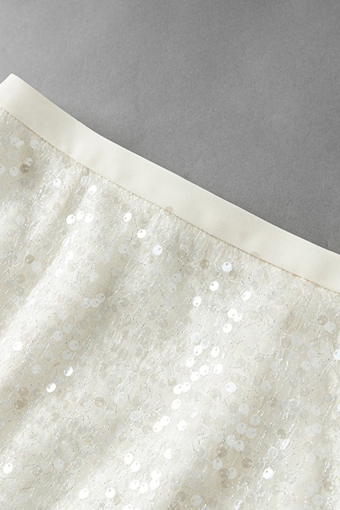 White Lace Sequin Pencil Midi Skirt with Back Slit  Fibflx