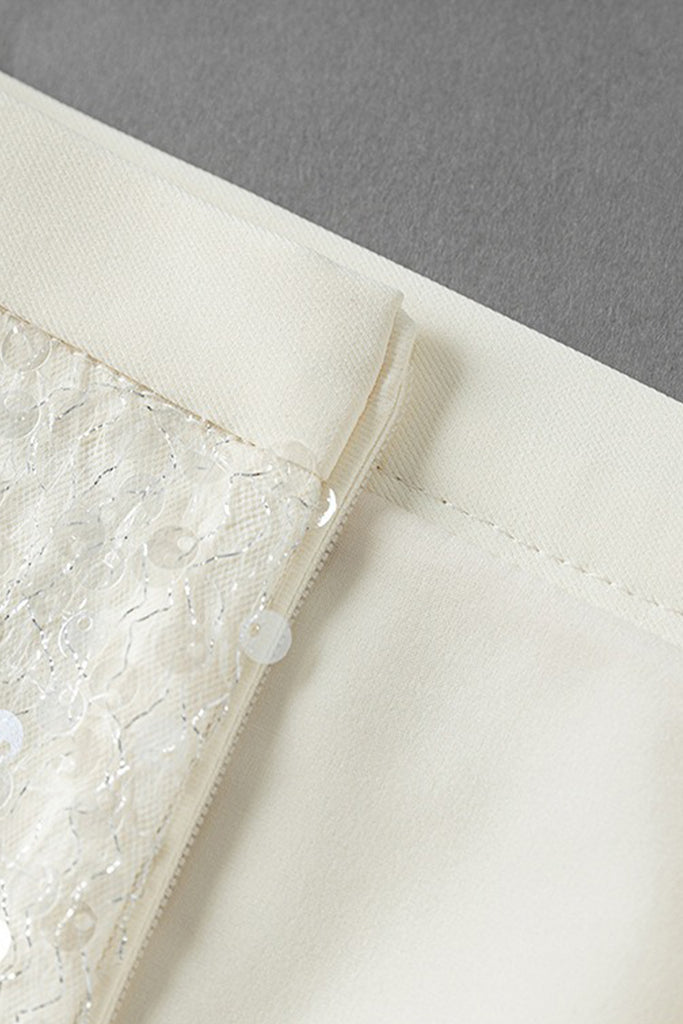 White Lace Sequin Pencil Midi Skirt with Back Slit  Fibflx