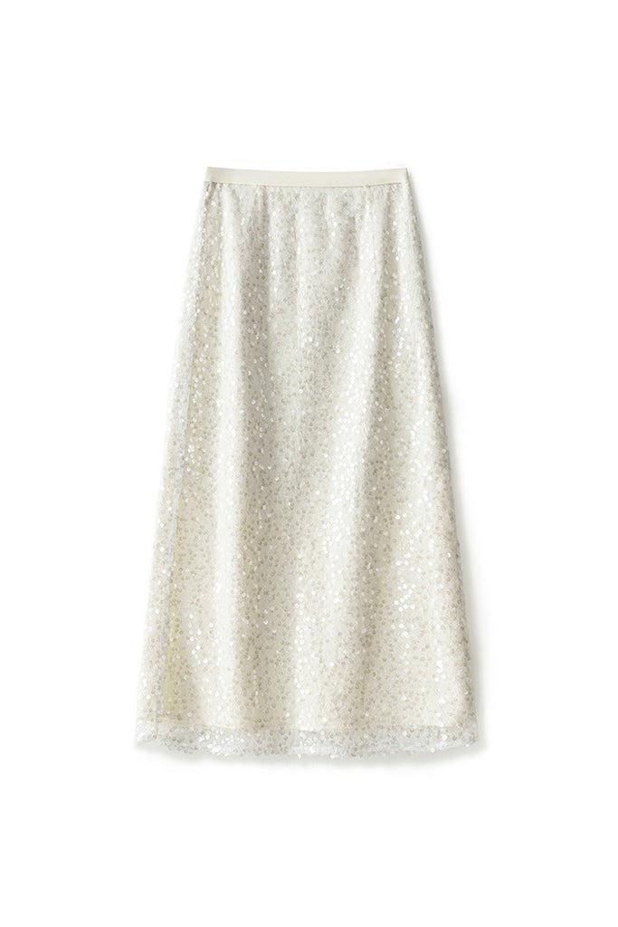 White Lace Sequin Pencil Midi Skirt with Back Slit  Fibflx