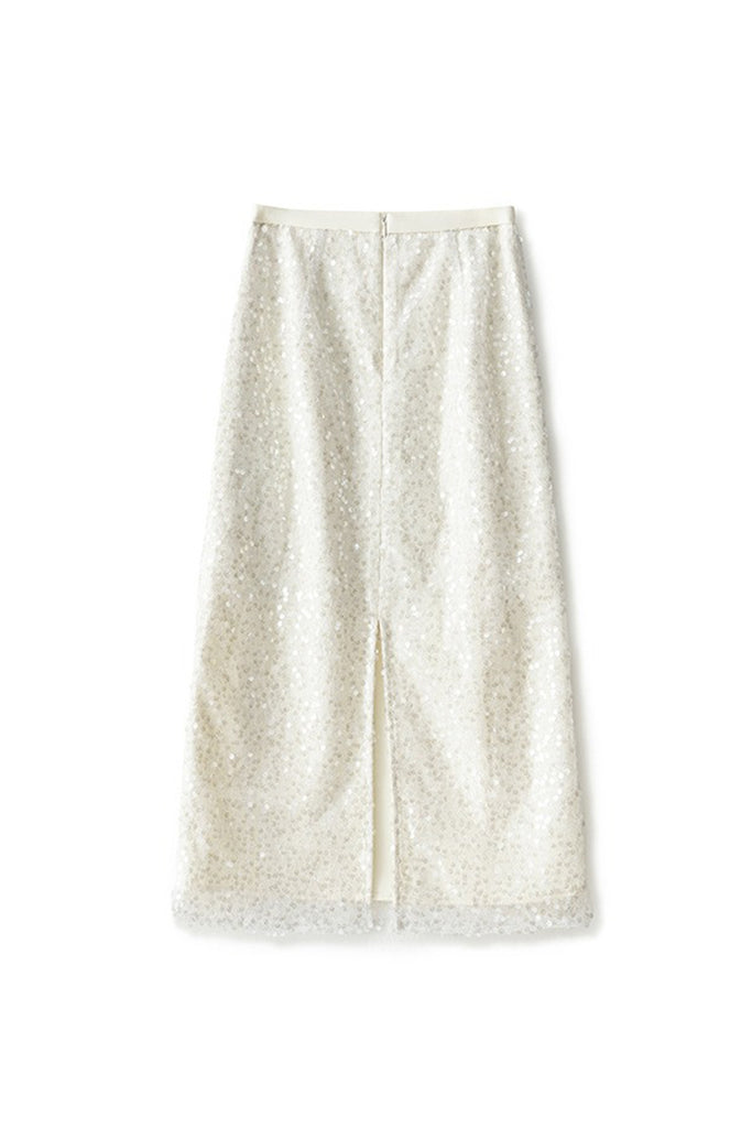 White Lace Sequin Pencil Midi Skirt with Back Slit  Fibflx