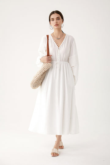 White Lantern-Sleeve V-Neck Midi Dress - Fibflx