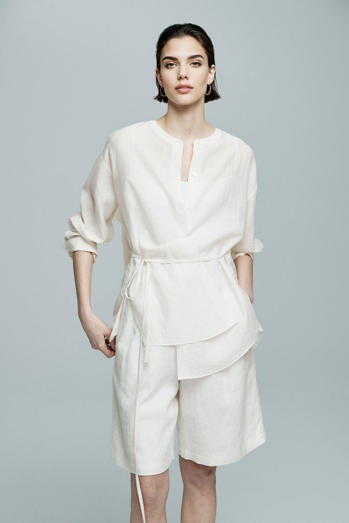 White Linen-Blend Collarless Belted Shirt - Fibflx
