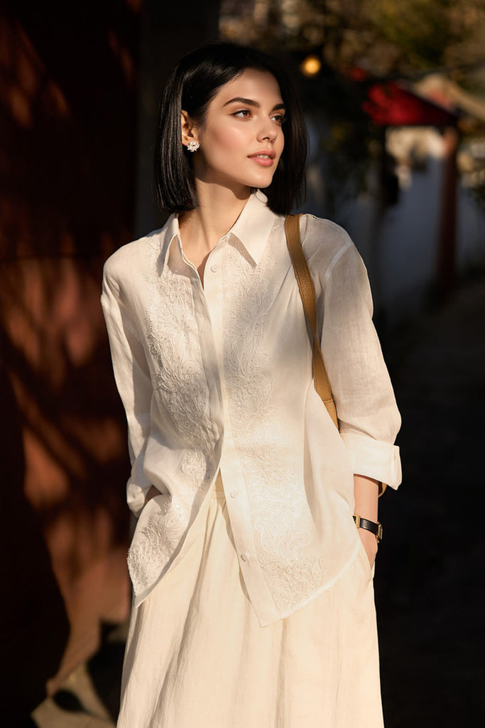 White Linen Embroidery Shirt L / White / 100% Linen Fibflx