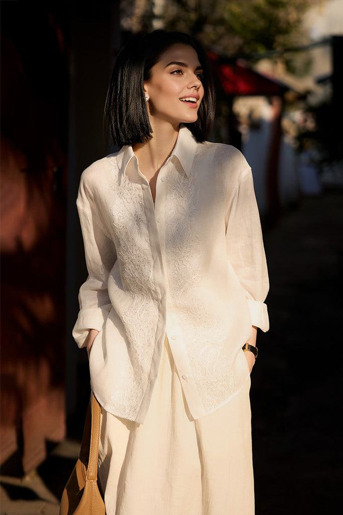 White Linen Embroidery Shirt  Fibflx