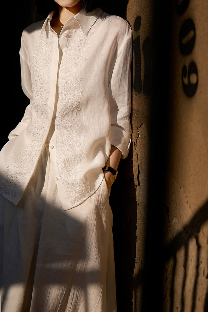 White Linen Embroidery Shirt  Fibflx