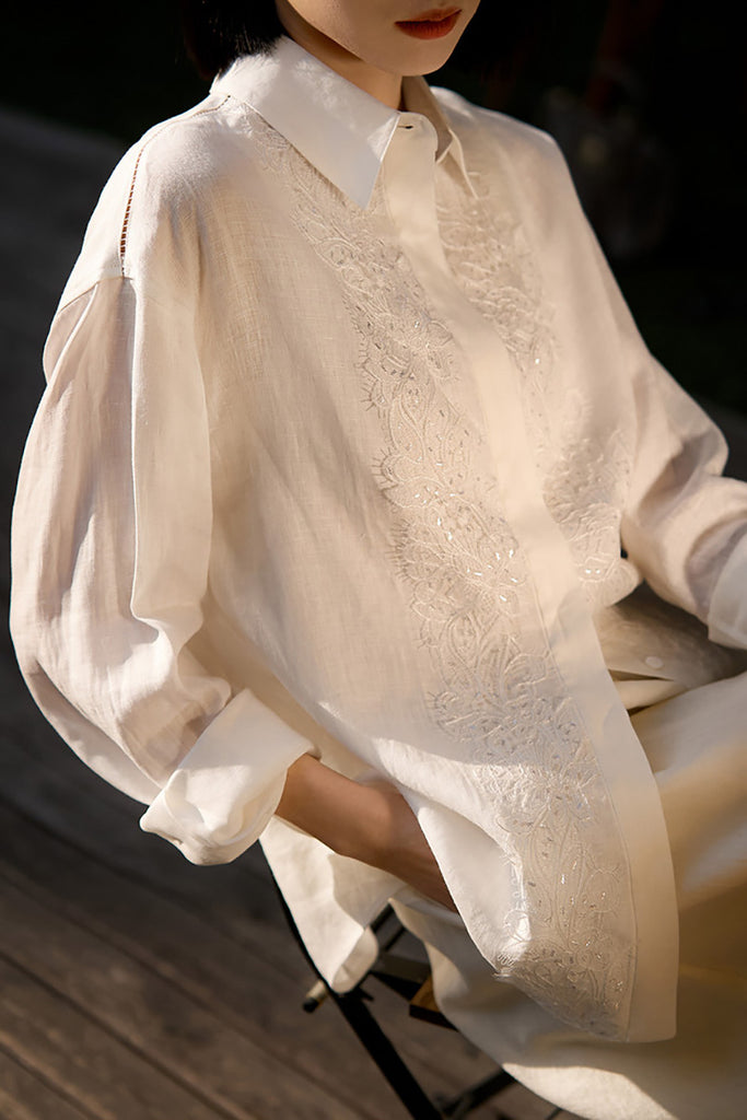 White Linen Embroidery Shirt  Fibflx