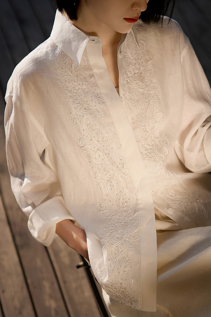 White Linen Embroidery Shirt  Fibflx