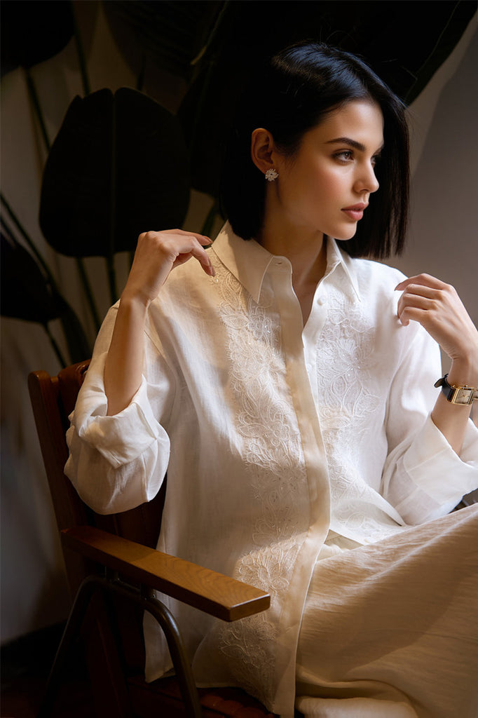 White Linen Embroidery Shirt  Fibflx