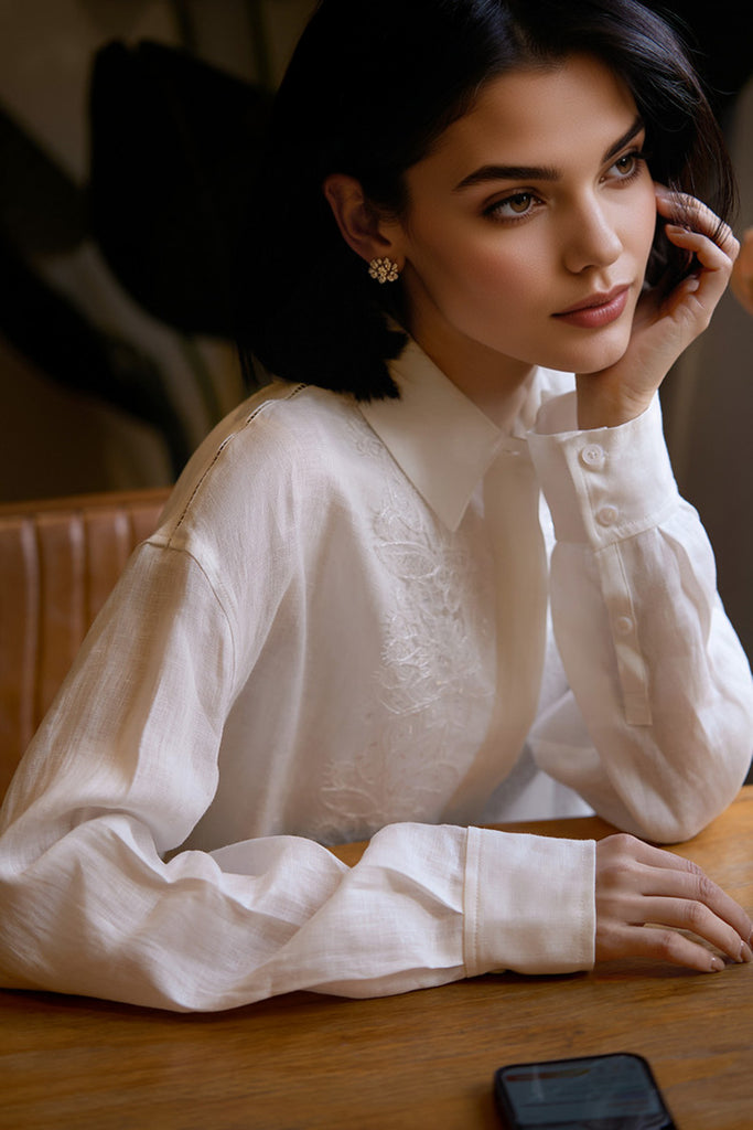 White Linen Embroidery Shirt  Fibflx