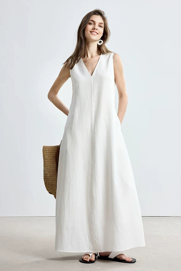 White Linen Blend V Neck A Line Maxi Dress | Summer Vacation Dress