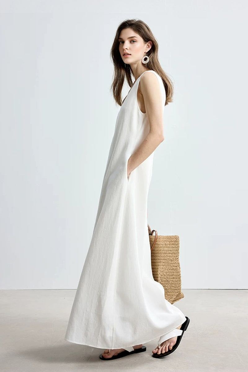 White Linen Blend V Neck A Line Maxi Dress | Summer Vacation Dress