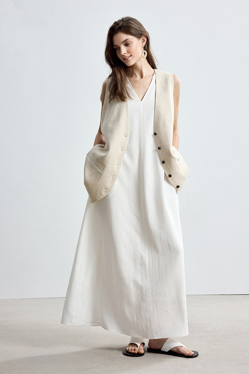 White Linen V Neck Sleeveless A Line Maxi Dress White / XS