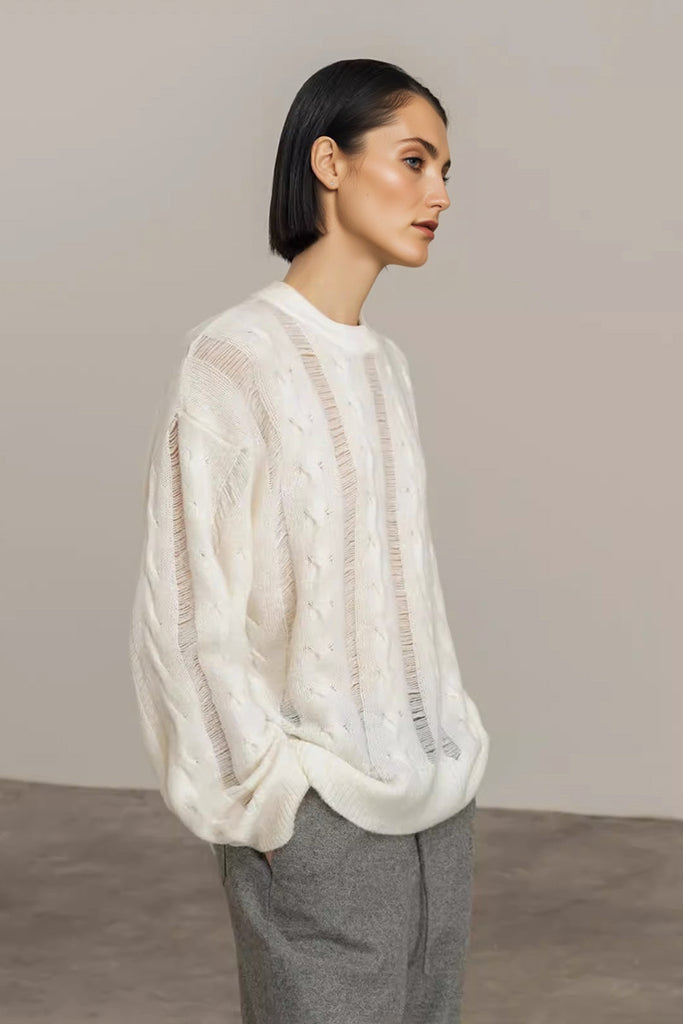White Oversized Cable-Knit Sweater in Silk Cashmere  Fibflx