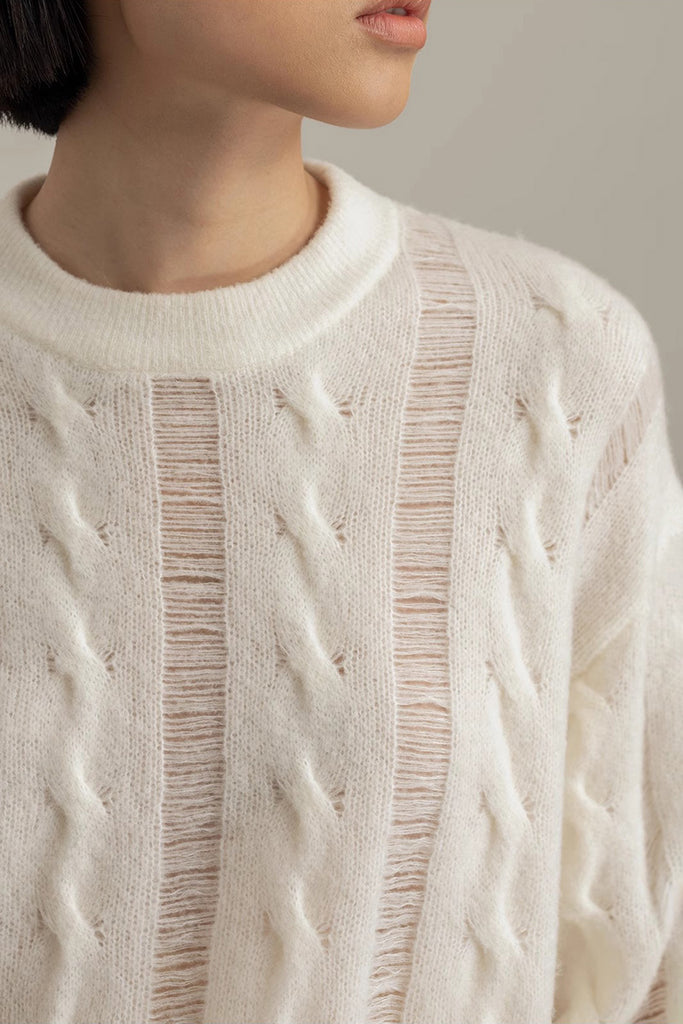 White Oversized Cable-Knit Sweater in Silk Cashmere  Fibflx