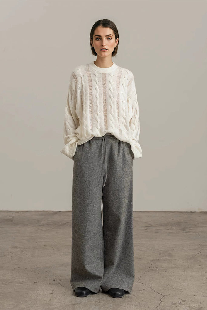 White Oversized Cable-Knit Sweater in Silk Cashmere  Fibflx
