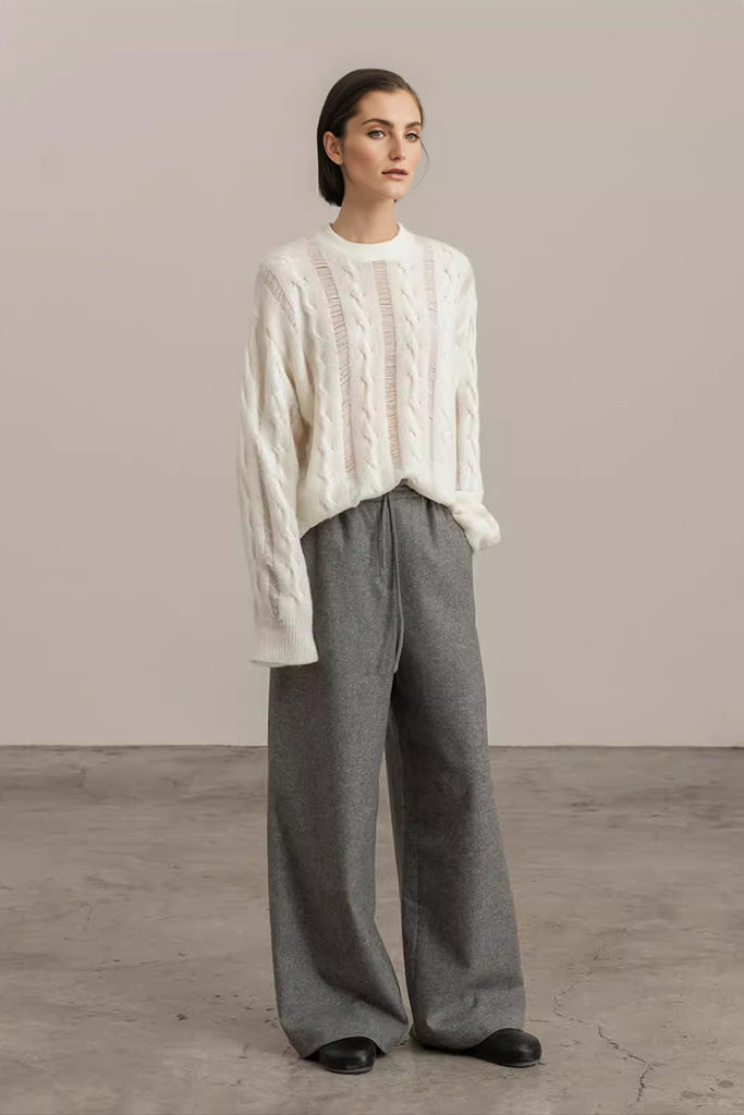 White Oversized Cable-Knit Sweater in Silk Cashmere  Fibflx