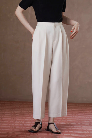 White Pleated Wide-Leg Ankle Pants - Fibflx