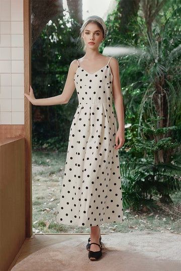 White Polka-Dot Spaghetti-Strap Midi Dress - Fibflx