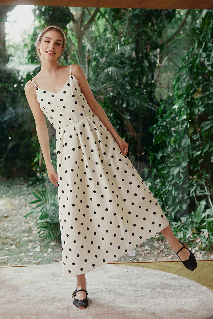 White Polka-Dot Spaghetti-Strap Midi Dress  Fibflx