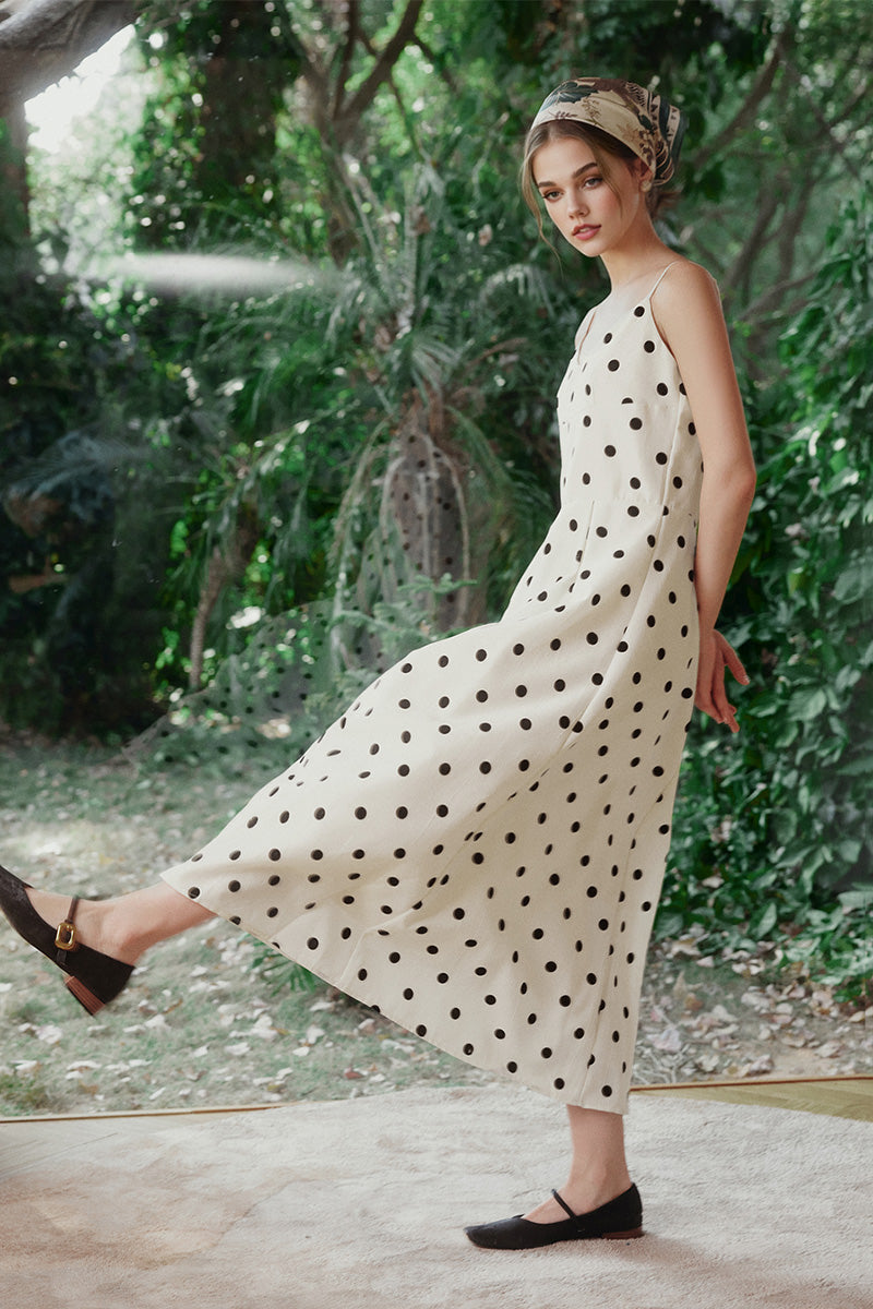 White Polka-Dot Spaghetti-Strap Midi Dress