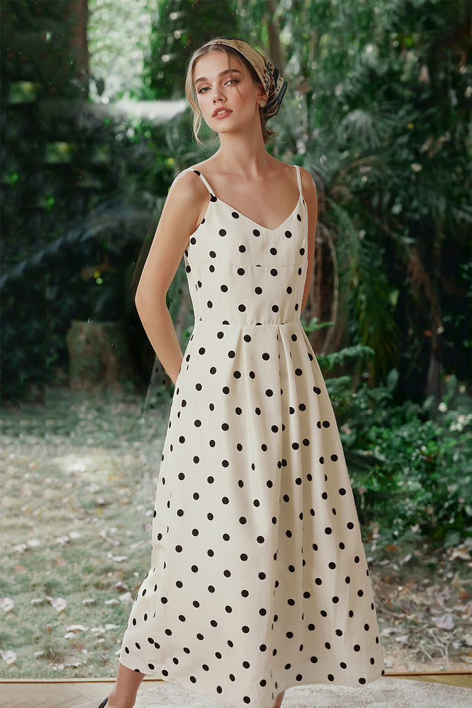 White Polka-Dot Spaghetti-Strap Midi Dress  Fibflx