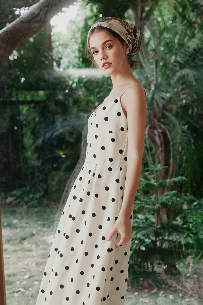 White Polka-Dot Spaghetti-Strap Midi Dress  Fibflx