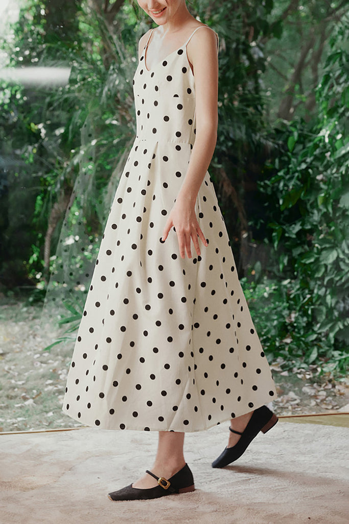 White Polka-Dot Spaghetti-Strap Midi Dress  Fibflx