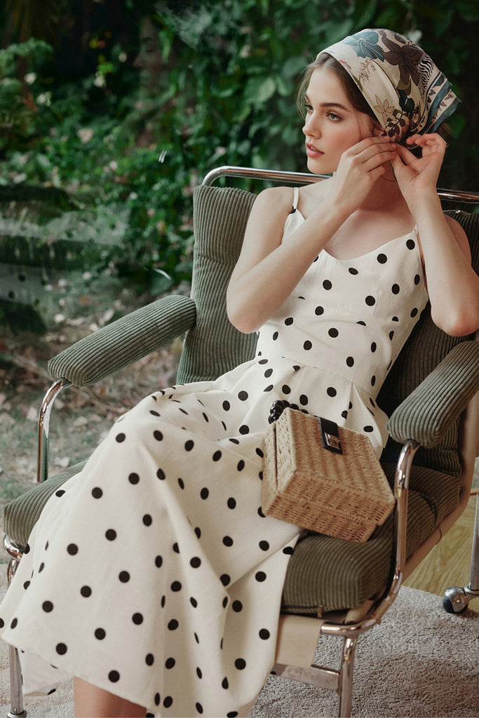 White Polka-Dot Spaghetti-Strap Midi Dress  Fibflx
