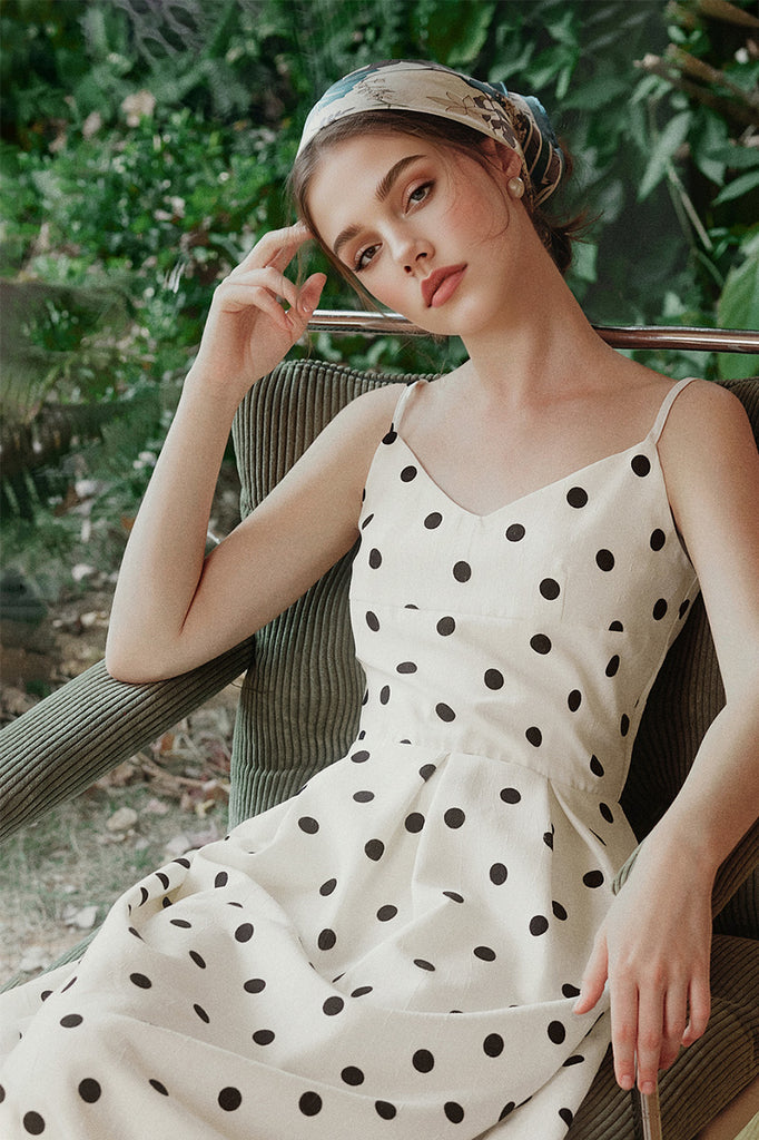 White Polka-Dot Spaghetti-Strap Midi Dress  Fibflx