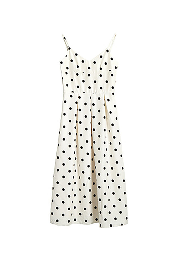 White Polka-Dot Spaghetti-Strap Midi Dress  Fibflx