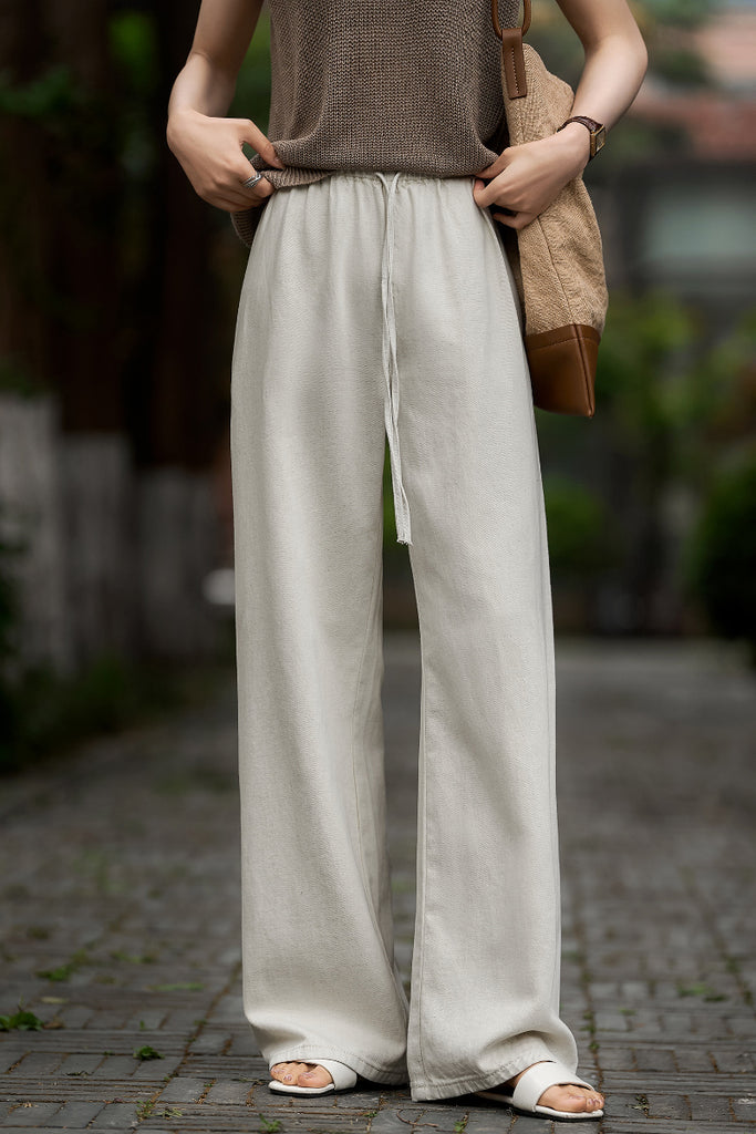 White Pull-On Wide-Leg Drawstring Jeans  Fibflx